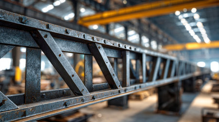 A robust network of metallic girders and fasteners forms the backbone of a vast manufacturing space, illuminated by intense overhead lights highlighting intricate meの写真素材