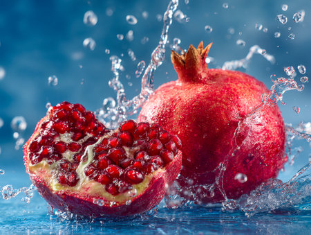 Vibrant red pomegranates, both whole and cut open, release cascading seeds into clear water, creating a lively splash set against a vivid blue backdrop.の写真素材