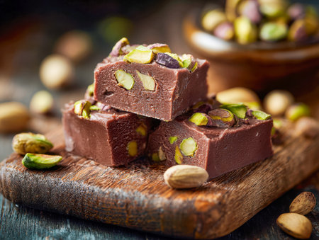 Rich, handcrafted chocolate cubes bursting with pistachio crunch rest on a weathered wooden surface, surrounded by scattered nuts in warm, inviting light.の写真素材