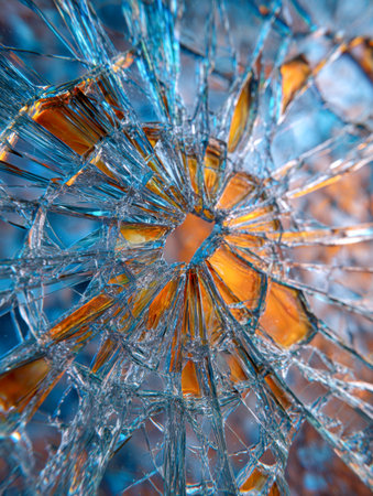 Colorful glass shards radiate outward, forming an intricate pattern with luminous blue and fiery orange hues that evoke energy and dynamic movement.の写真素材