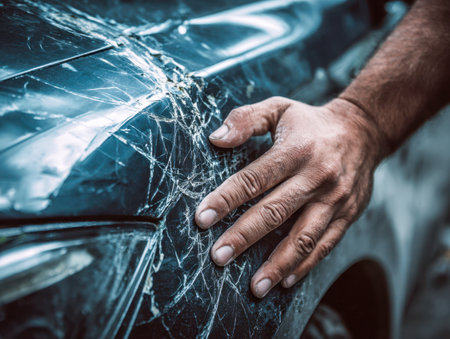 A man's hand gently rests on a battered, heavily scarred dark vehicle panel, emphasizing the impact's severity and the somber mood after a collision.の写真素材