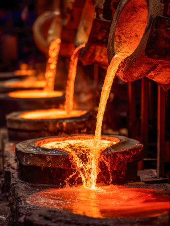 Blazing streams of liquid steel cascade into molds amid fiery orange glow, capturing the skillful artistry and intense heat of industrial metalworking.の写真素材