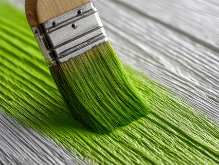 A painter's brush delicately coats weathered wood with lively green hues, emphasizing hands-on craftsmanship and the artistry behind transforming living spaces.の写真素材