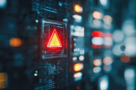 A vivid crimson warning icon pulses amidst an intricate, high-tech circuitry backdrop, signaling a critical alert within an advanced digital environment.の写真素材