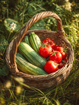 A charming woven basket teeming with glistening zucchinis and juicy red tomatoes, basking in warm sunlight amidst lush grass during the day's golden glow.の写真素材