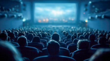 Rows of viewers gather in a spacious movie hall, immersed in an intense film displayed on a luminous screen, bathed in soothing blue illumination, evoking a captivatの写真素材