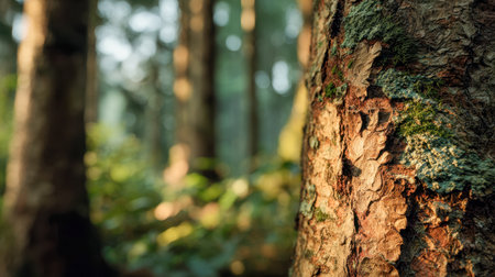 Gentle sunlight illuminates rich, rugged wood with vibrant greenery in a tranquil forest setting, creating a peaceful atmosphere amid lush foliage.の写真素材