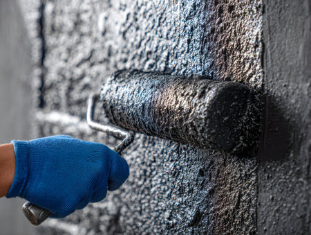 A craftsman in a blue glove meticulously coats a rugged outer wall with a dark, textured sealant, ensuring durability and protection against the elements.の写真素材