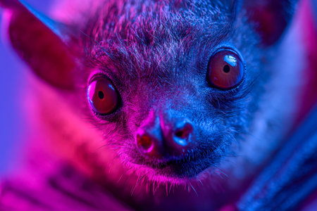 A captivating nocturnal portrait captures a fruit bat?s intricate facial details and soulful eyes, bathed in striking pink and blue glow that highlights its delicateの写真素材