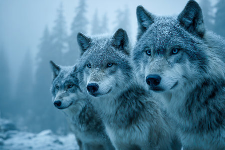 A trio of regal gray wolves with icy blue gaze peer through a frosty winter woodland, their commanding presence framed by towering pine trees against a chilly landscの写真素材