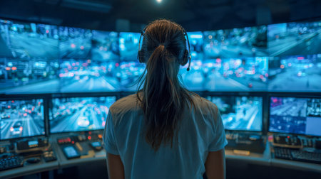 A focused female operator oversees live traffic data, surrounded by sleek screens and glowing interfaces, immersed in a high-tech environment during night hours.の写真素材