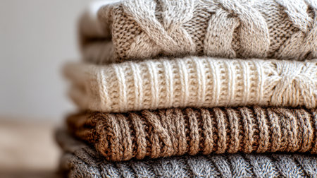 An inviting arrangement of layered woolen garments featuring intricate stitches and rich earthy hues, ideal for seasonal fashion displays and cold-weather styling.の写真素材