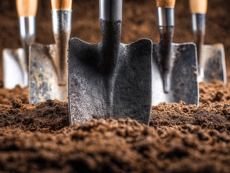 A row of sturdy gardening implements with wooden grips and sleek metal blades resting in fertile soil, set against a backdrop of lush greenery, perfect for outdoor pの写真素材