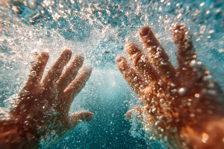 A powerful burst emerges from the azure depths, with dynamic water bubbles swirling around energetic hands, capturing raw movement and vibrant underwater vitality.の写真素材