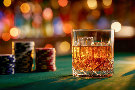 A sophisticated drink rests atop a casino table, surrounded by vivid poker chips and illuminated by lively, out-of-focus neon hues, evoking an atmosphere of excitemeの写真素材