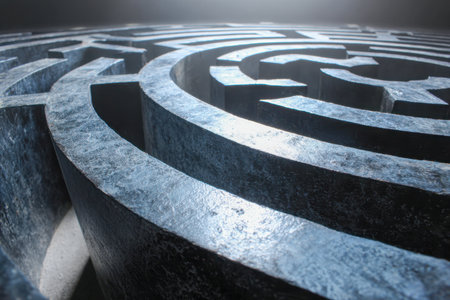 A polished metal maze featuring intricate routes within a modern industrial environment, bathed in gentle illumination that reflects themes of strategic thought andの写真素材