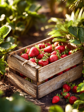 A basket brimming with luscious red strawberries rests in a sunny garden, amid lush green foliage and sun-warmed soil paths, evoking freshness and natural abundance.の写真素材