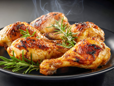 Juicy, golden-brown chicken drumsticks sizzling with crispiness, garnished with aromatic rosemary sprigs, steaming atop a sleek black plate against a moody dark backの写真素材