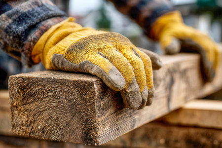 A skilled laborer grips a sturdy timber, highlighting attention to safety gear and craftsmanship amidst an outdoor construction site under natural light.の写真素材
