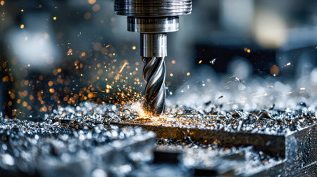 A detailed view of a spinning drill bit carving into metal, illuminating the workspace with vibrant sparks and showering tiny shavings during high-precision work.の写真素材