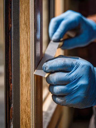 A skilled artisan outdoors, donned in safety gloves, meticulously refines a wooden window frame using precise tools, embodying craftsmanship and attention to detail.の写真素材