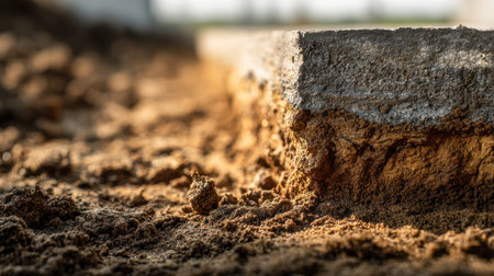 A close-up of a newly poured concrete base resting smoothly over moist, level earth, illuminated by warm sunlight, capturing the essence of early-stage construction.の写真素材