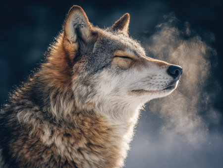 A tranquil gray wolf rests in the early dawn, its serene face illuminated by the soft glow of sunrise, releasing a visible breath into the crisp winter air.の写真素材