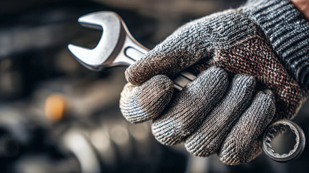 A skilled technician grips a sturdy metal wrench, clad in snug knit gloves, poised for precise adjustments amidst a busy, out-of-focus workshop setting.の写真素材
