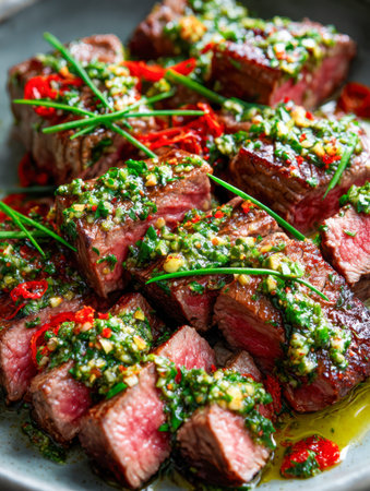 Savory grilled beef chunks drizzled with bright herb dressing and accented by fiery red chili slices, presented on a rustic ceramic dish for an inviting feast.の写真素材