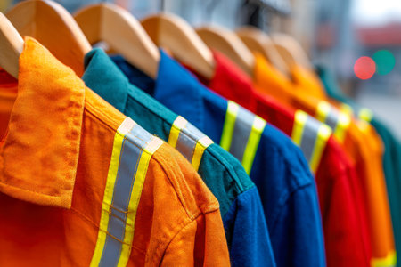 Vibrant safety uniforms in various hues are neatly suspended on wooden hangers, prepared for professionals in demanding industrial or construction settings.の写真素材