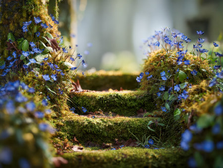 A tranquil forest scene features ancient stones cloaked in moss, bordered by fragile blue blossoms, softly illuminated by gentle sunlight filtering through trees.の写真素材