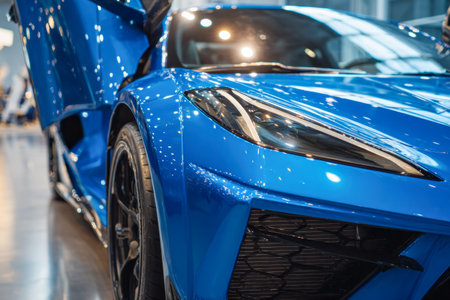 A vibrant blue high-performance vehicle with a streamlined shape and open gull-wing doors, illuminated indoors to highlight glossy surfaces and intricate reflectionsの写真素材
