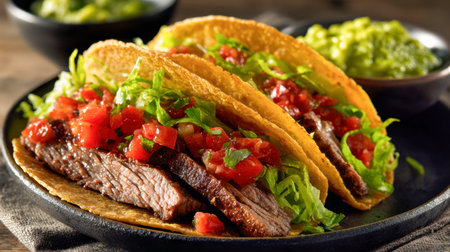 Juicy grilled steak tacos topped with vibrant tomatoes and crisp lettuce, presented on a sleek black plate with creamy guacamole bowls in the backdrop, evoking a fesの写真素材