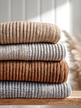 Warm sunlight highlights gentle, layered knits in natural hues, arranged on rustic wood, evoking comfort and autumnal charm for cozy fashion inspiration.の写真素材