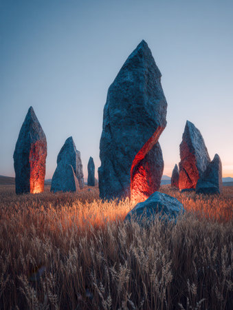 Ancient monoliths emit a gentle crimson hue as evening falls, set in a tranquil field of withered grass beneath a starry sky and distant mountain silhouettes.の写真素材