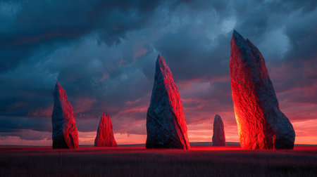 Towering ancient stones bathed in vivid sunset glow, set against a tempestuous sky, creating a striking contrast on the vast, open plain.の写真素材