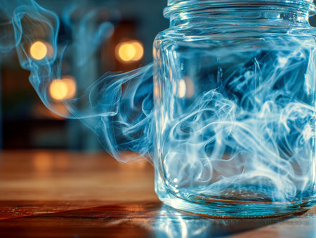 A transparent container swirls with vibrant azure tendrils, resting on a rustic wooden table amid soft glow, evoking intrigue and mystique in a cozy ambiance.の写真素材