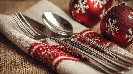 Elegant holiday arrangement featuring shimmering silver utensils tucked into a handmade linen napkin with vibrant red stitches, accented by charming red ornaments anの写真素材