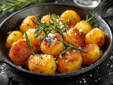 Golden-brown potato bites topped with fragrant rosemary and crunchy sea salt, presented in a vintage skillet perfect for an elegant appetizer or casual side.の写真素材