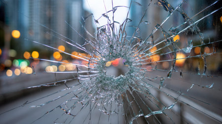 A fragmented window with a pronounced impact center unveils a web of cracks, while vibrant city lights blur softly behind during twilight's glow.の写真素材