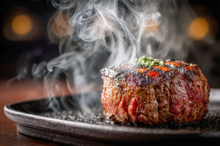 A perfectly charred steak rests on a rustic cast iron skillet, wisps of steam swirl upward, garnished with vibrant herbs in a warm, inviting dining space.の写真素材