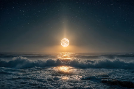 A luminous golden orb ascends over tranquil waters, casting a gentle glow on rippling waves beneath a velvet sky dotted with shimmering stars, evoking peaceful coastの写真素材