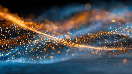 A luminous cascade of shimmering gold and azure particles sweeps across a dark background, forming a graceful, energetic swirl with sparkling accents and fluid motionの写真素材