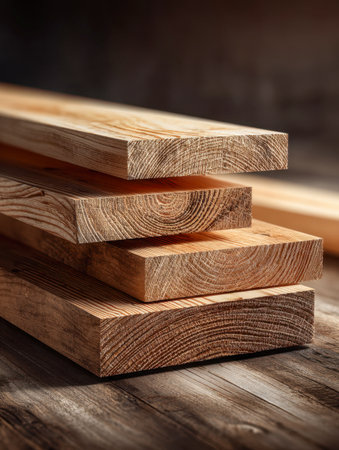 Warm sunlight highlights the rich patterns of layered timber, emphasizing organic details and rustic charm perfect for craftsmanship or building ideas.の写真素材