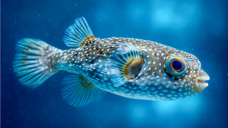 A colorful pufferfish with a textured, dotted body and delicate fins navigates pristine blue waters, highlighting its intricate patterns and vivid hues beneath the sの写真素材