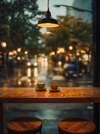 Warm glow fills the cozy caf? as steaming mugs rest on a rustic wooden surface, rain traces the glass while gentle city lights shimmer beyond the window.の写真素材