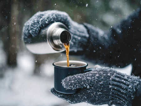 A winter scene showing someone in insulated gloves preparing a comforting drink outdoors, snowflakes drifting softly around, creating a warm and inviting mood.の写真素材