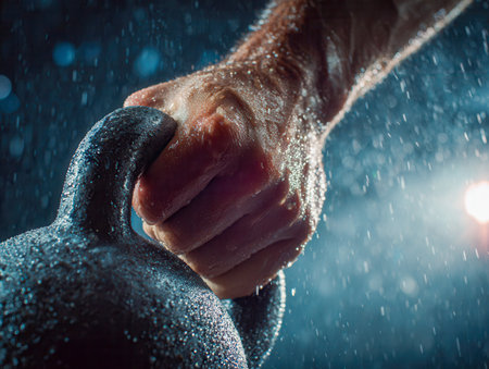 A powerful, veined hand clasps a kettlebell amid moody lighting, water droplets glistening to emphasize unwavering dedication and raw physical effort.の写真素材