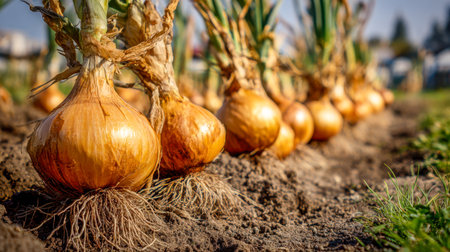 Vibrant green stalks rise from fertile earth, bursting with ripe golden bulbs, basking in sunlight within a meticulously cultivated garden patch.の写真素材