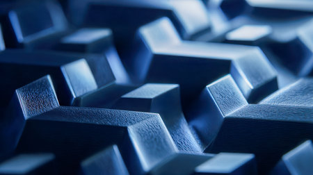 A captivating interplay of shadows and highlights unveils a complex arrangement of deep blue angular forms, creating a strikingly modern pattern with layered depth.の写真素材
